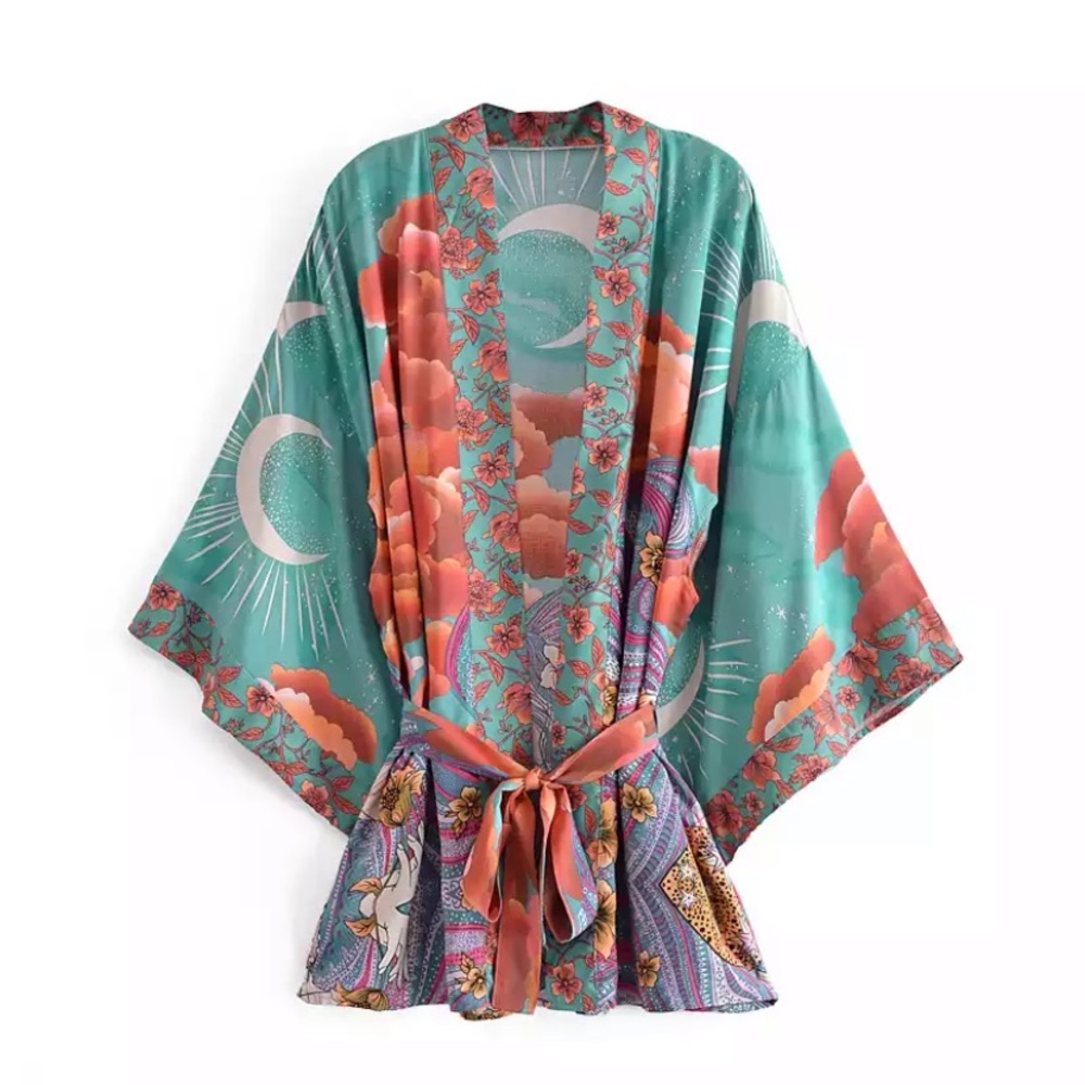 SOLD OUT Green Cosmic Galaxy Moon Boho Short Kimono Coverup Robe - Picture 1 of 11